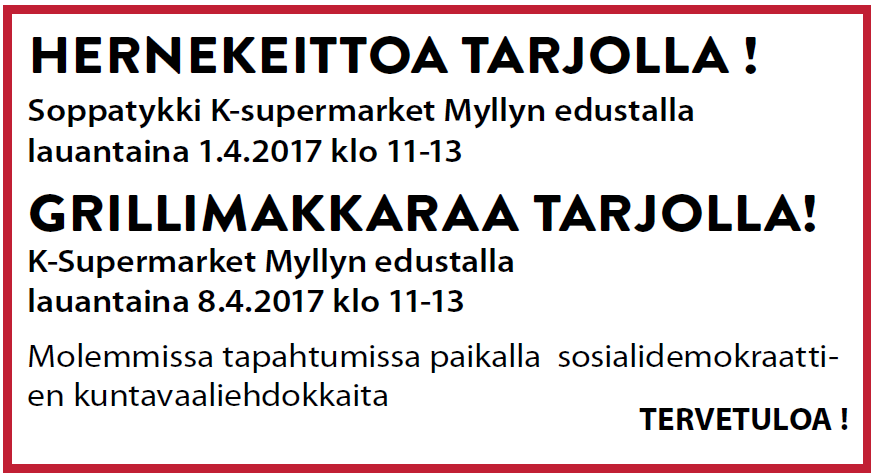 Grillimakkaraa 8.4.2017 Myllyn edustalla klo 11-13
