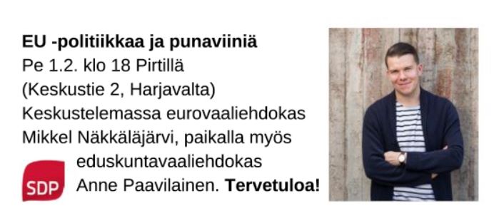 EU -politiikkaa ja punaviiniä tilaisuus 01.02.2019 klo 18 Pirtillä