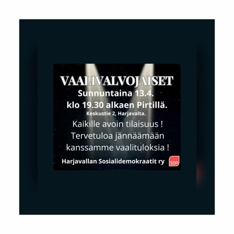 Vaalivalvojaiset 13.4. Pirtillä klo 19.30 alkaen.